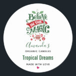 Believe in the Magic Christmas Typography Candle Classic Round Sticker<br><div class="desc">Candle or sopa scent stickers with a cute illustration. Text says Believe in the Magic in fancy lettering. Decorated with christmas balls.</div>
