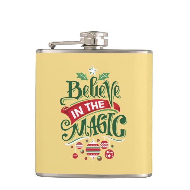 Believe in the Magic Christmas Typography Hip Flask (Front)