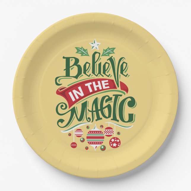 Believe in the Magic Christmas Typography Paper Plate (Front)