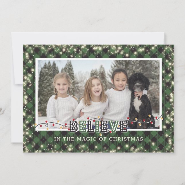 Believe In the Magic Green Plaid Photo Holiday Card (Front)