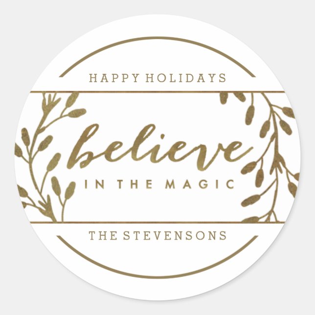 Believe in the Magic | Holiday Gold Wreath Sticker (Front)