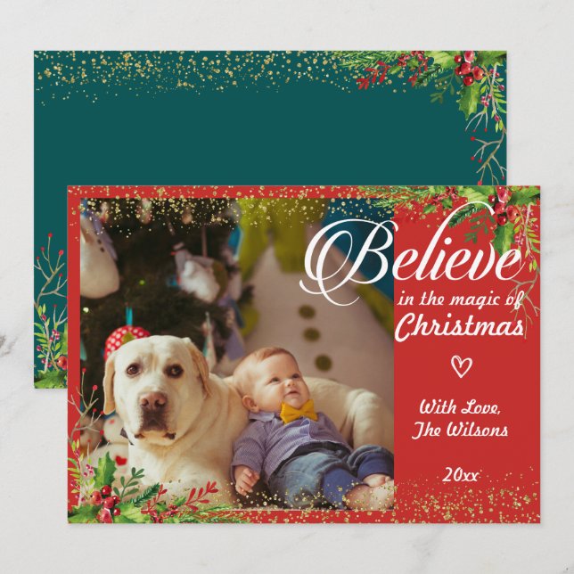 Believe in the Magic of Christmas Floral Photo Holiday Card (Front/Back)