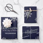 Believe in the Magic Of Christmas | Navy Blue Wrapping Paper Sheet<br><div class="desc">Believe in the Magic Of Christmas | Navy Blue Wrapping Paper Sheets. Faux Silver glitter script letting decorated with snowflakes, </div>