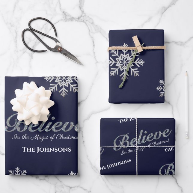 Believe in the Magic Of Christmas | Navy Blue Wrapping Paper Sheet (Front)