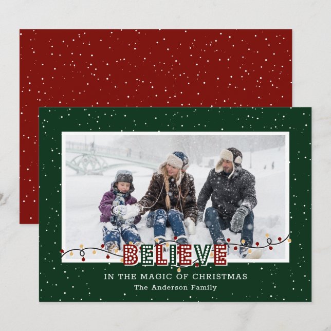 Believe In the Magic of Christmas Red Green Photo Holiday Card (Front/Back)