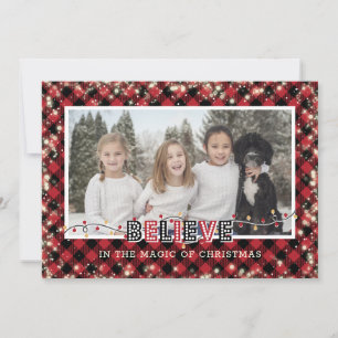 Believe In the Magic of Christmas Red Plaid Photo Holiday Card