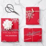 Believe in the Magic Of Christmas | Red Wrapping Paper Sheet<br><div class="desc">Believe in the Magic Of Christmas | Red Wrapping Paper Sheets. Faux Silver glitter script letting decorated with snowflakes, </div>