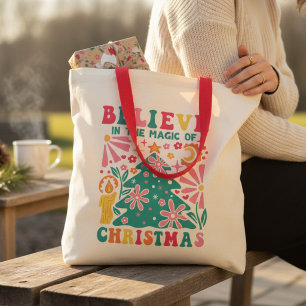 Believe In The Magic Of Christmas Retro Boho Tote Bag