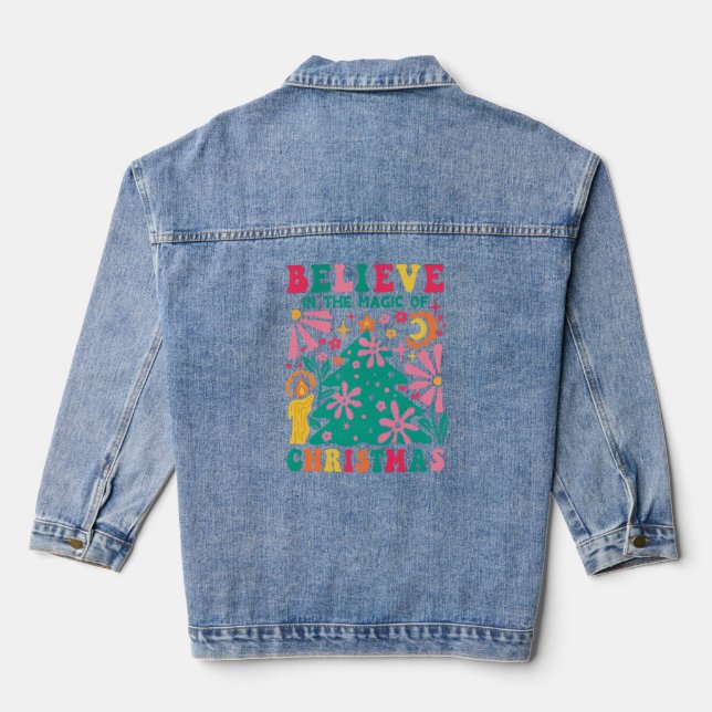 Believe In The Magic Of Christmas Retro Boho Tri-B Denim Jacket (Back)
