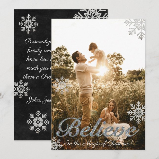 Believe in the Magic of Christmas Snowflakes Photo Holiday Card (Front/Back)