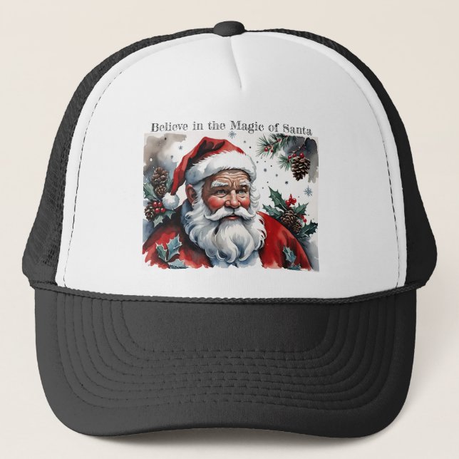 Believe in the Magic of Santa with Christmas Holly Trucker Hat (Front)