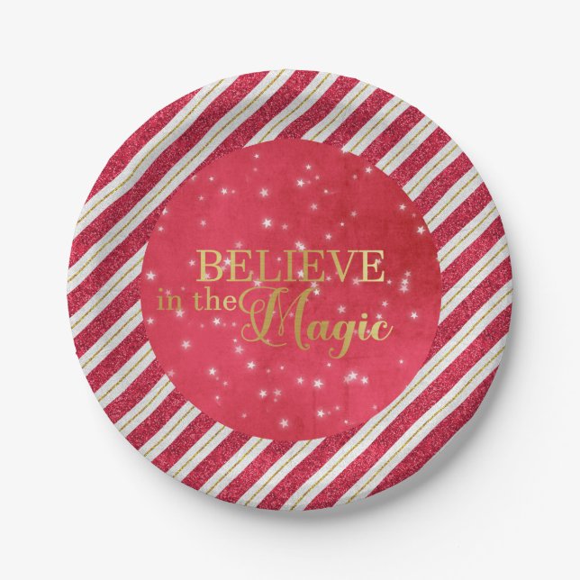 BELIEVE in the Magic Red and Gold Glitter Stripes Paper Plate (Front)