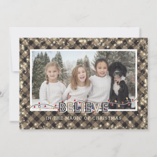 Believe In the Magic Rustic Plaid Photo Holiday Card