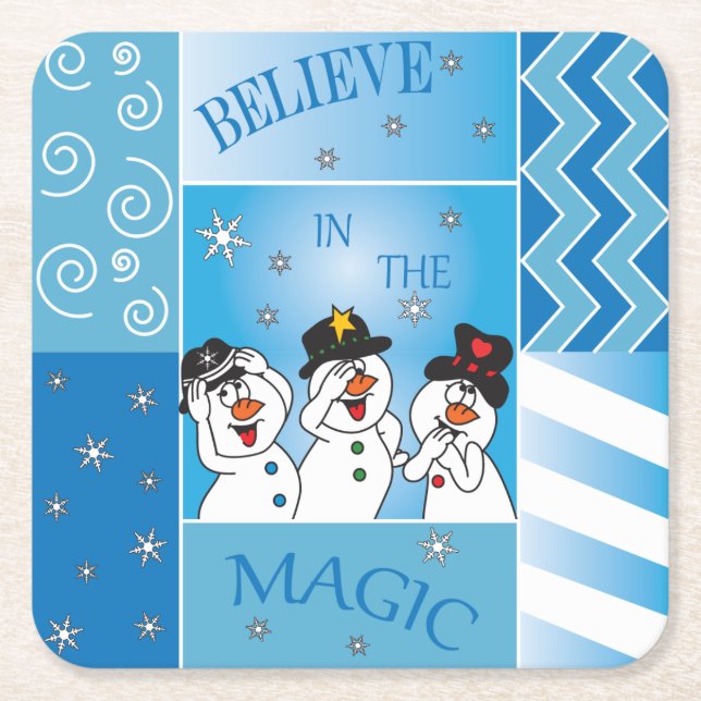 Believe In The Magic Snowmen Square Paper Coaster (Front)