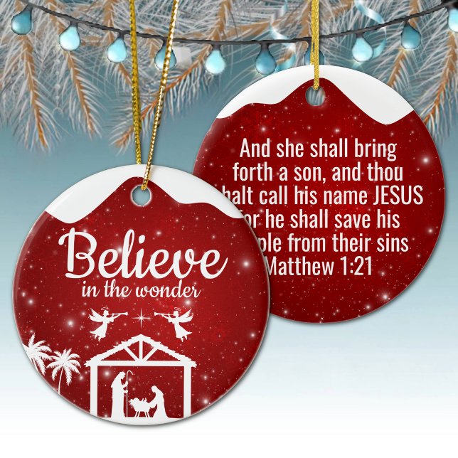 Believe in the wonder Manger Divine Passage ⛪️ 🎄 Ceramic Tree Decoration (Custom Believe in the wonder Religious Holiday Ceramic Ornament Berry Red sparkle Nativity Scene ✞)