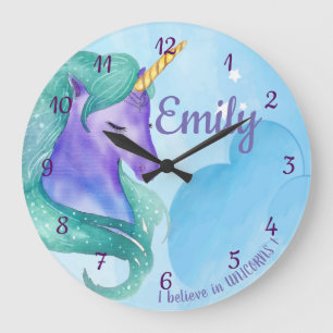 Believe in Unicorn Cute Blue Green Purple Unicorn Large Clock