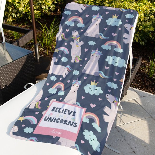 Believe in Unicorns Blue and Pink Girl Pattern Kid Beach Towel (Creator Uploaded)