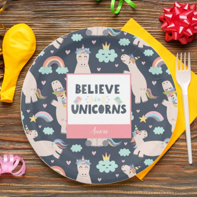 Believe in Unicorns Blue and Pink Girl Pattern Kid Paper Plate (Creator Uploaded)
