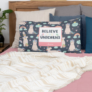 Believe in Unicorns Blue and Pink Girl Pattern Kid Pillowcase