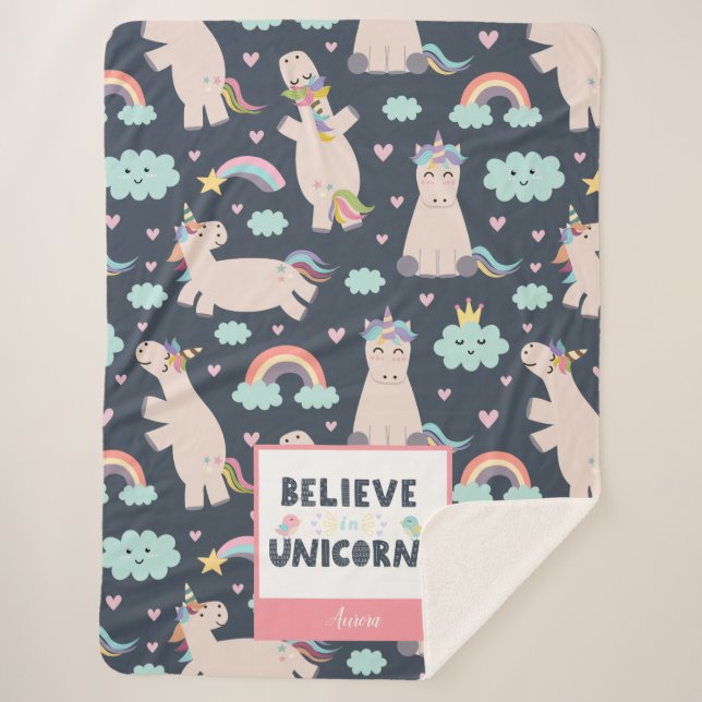 Believe in Unicorns Blue and Pink Girl Pattern Kid Sherpa Blanket (Front)