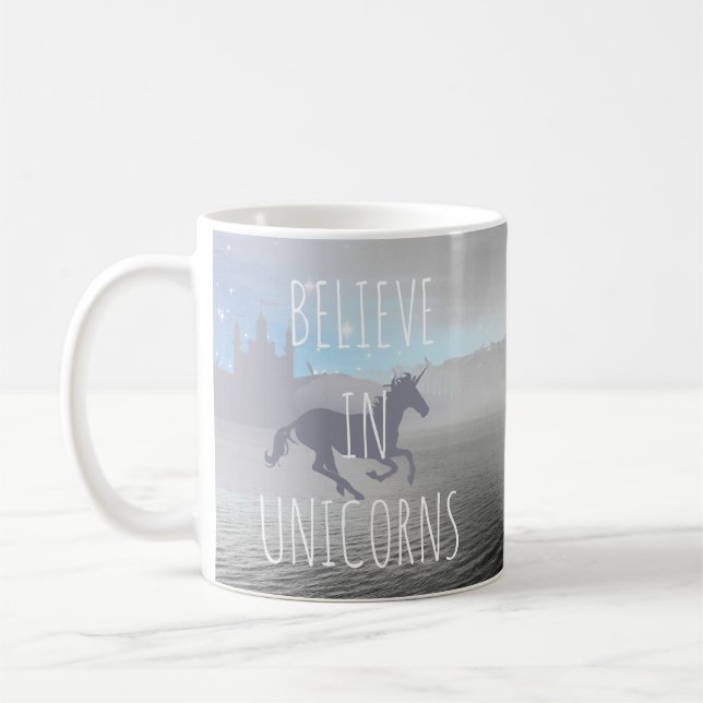 Believe in Unicorns Whimsical Art Coffee Mug (Left)