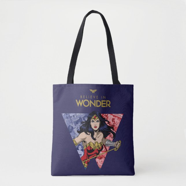 "Believe In Wonder" Wonder Woman Lasso Comic Logo Tote Bag (Front)