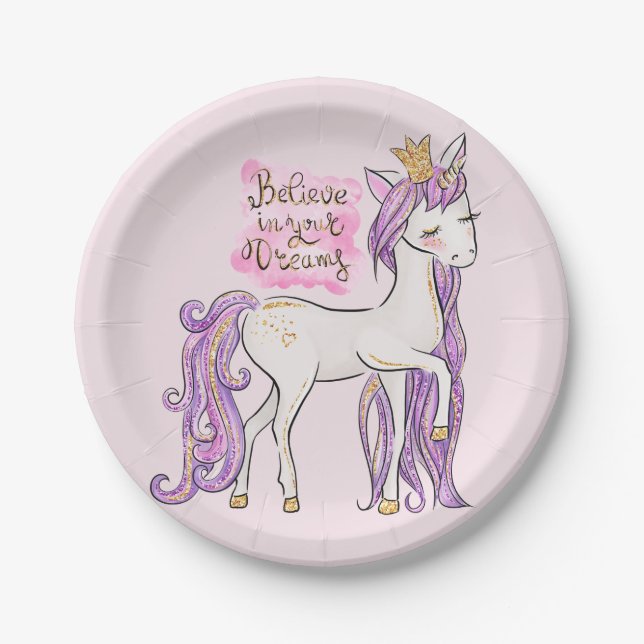 "Believe in Your Dreams" Unicorn Girls Birthday 7" Paper Plate (Front)