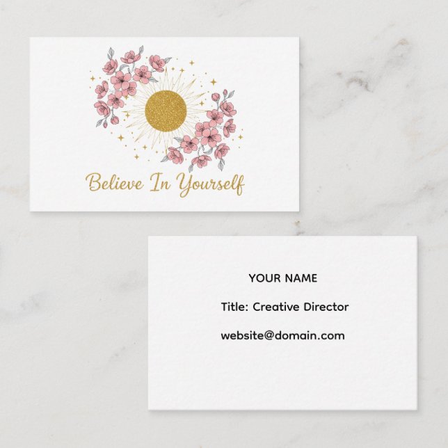Believe In Yourself - Celestial Gold Sun Floral  Business Card (Front/Back)