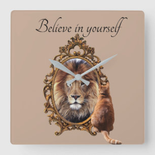 Believe In Yourself Lion Vintage Inspirational Square Wall Clock