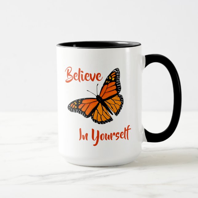 "Believe In Yourself" Orange Monarch Butterfly Mug (Right)