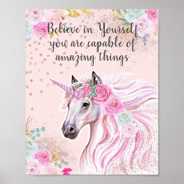 Believe in Yourself Pink Teal Floral Gold Glitter Poster (Front)