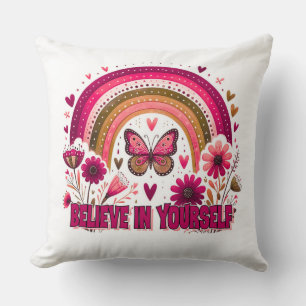 Believe in Yourself Rainbow Butterfly Flowers Boho Cushion