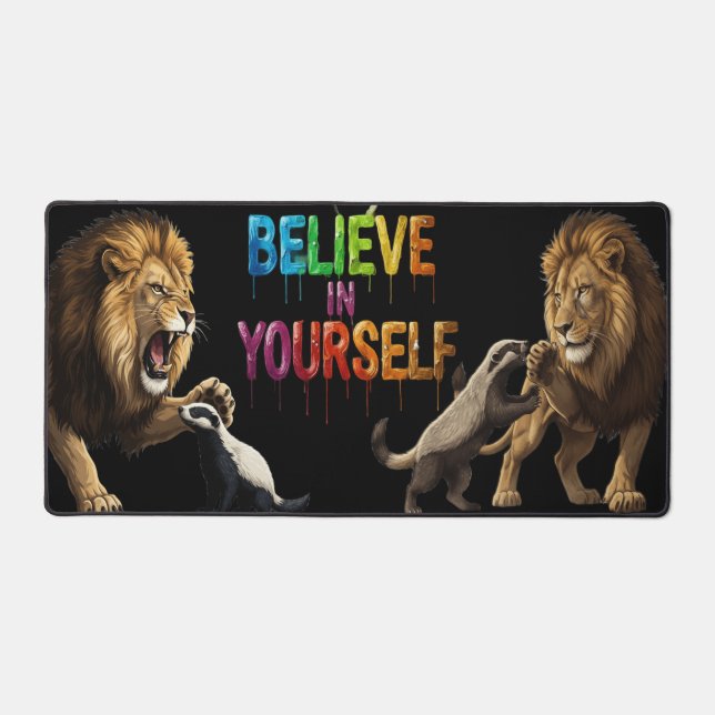 Believe in Yourself – Roaring Lion & Meerkat Motiv Desk Mat (Front)