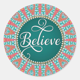 Believe : Inspire : Aqua Teal Coral Mandala Circle Classic Round Sticker