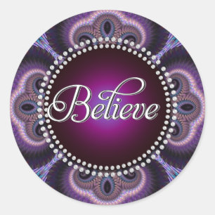 Believe : Inspire : Purple Fractals Cross Circle Classic Round Sticker