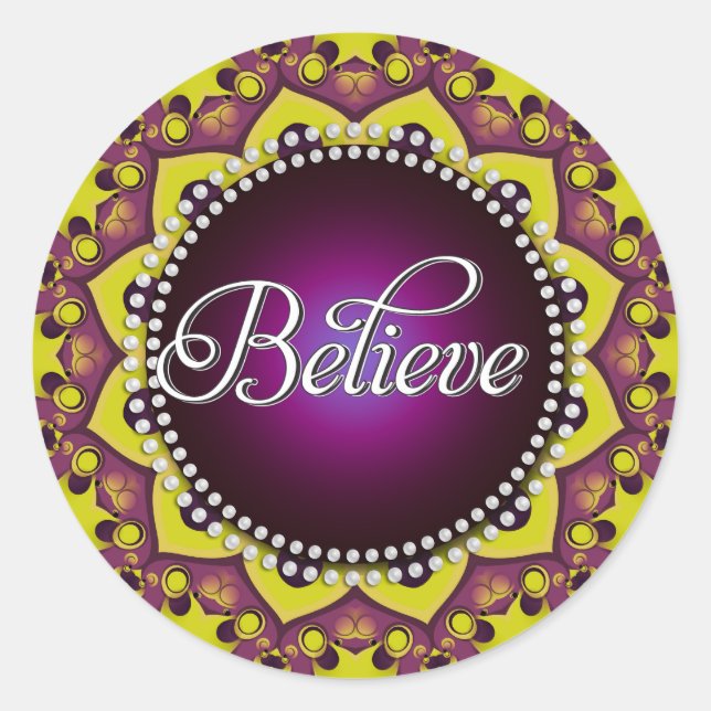 Believe : Inspire : Purple Yellow Mandala Circle Classic Round Sticker (Front)
