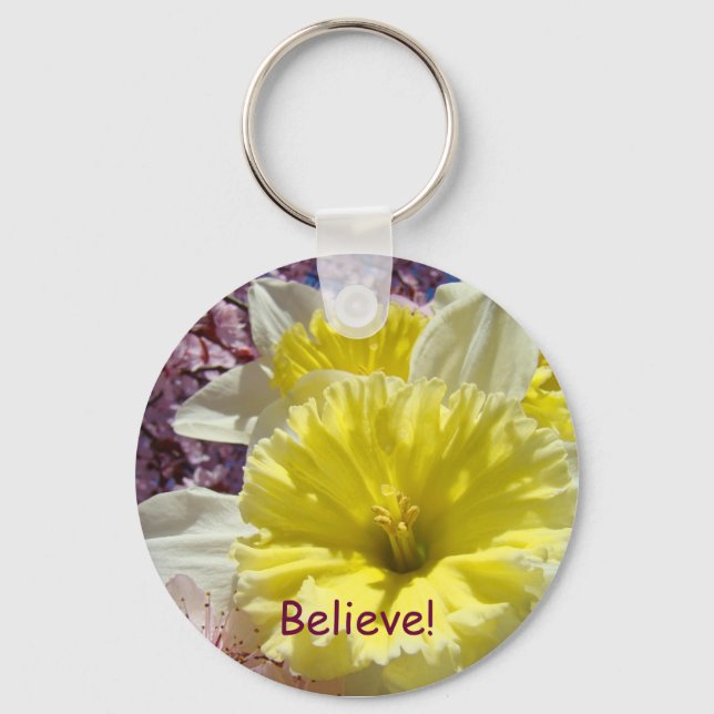 Believe! keychain Yellow Daffodil Flowers Easter (Front)
