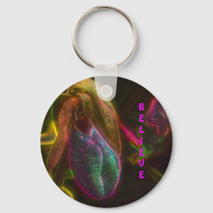 Believe Lady Slipper Flower Inspirational  Key Ring