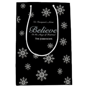 Believe Magic of Christmas Silver Glitter Black Medium Gift Bag