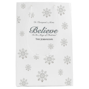Believe Magic of Christmas Silver Glitter White Medium Gift Bag