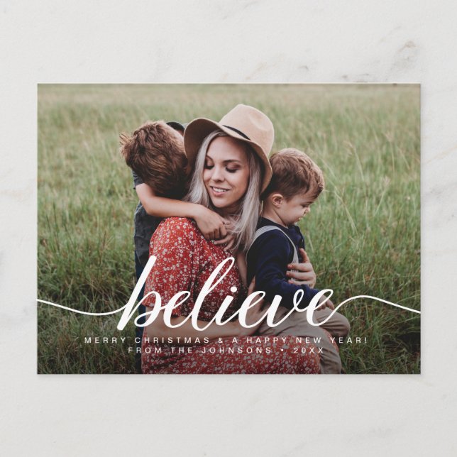 Believe Merry Christmas Modern Photo Holiday Postcard (Front)