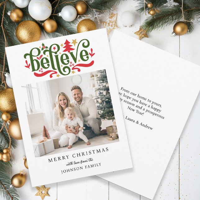 Believe-Merry Christmas!   Modern, simple photo  Holiday Card (Creator Uploaded)