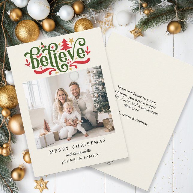 Believe-Merry Christmas!   Modern, simple photo  Holiday Card (Creator Uploaded)