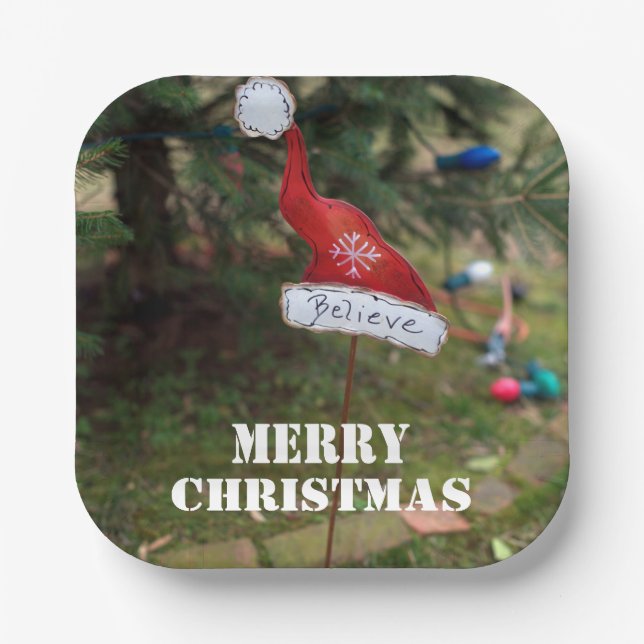 Believe Merry Christmas Santa's Hat  Paper Plate (Front)