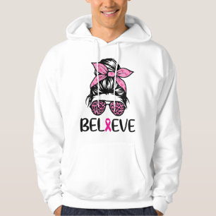 Believe Messy Bun Leopard Ribbon Breast Cancer Awa Hoodie