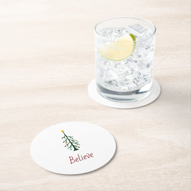 Believe Modern Christmas Evergreen Tree Round Paper Coaster (Insitu)
