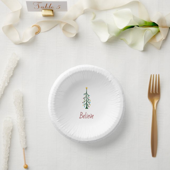 Believe Modern Evergreen Tree Christmas Party  Paper Plate (Wedding)