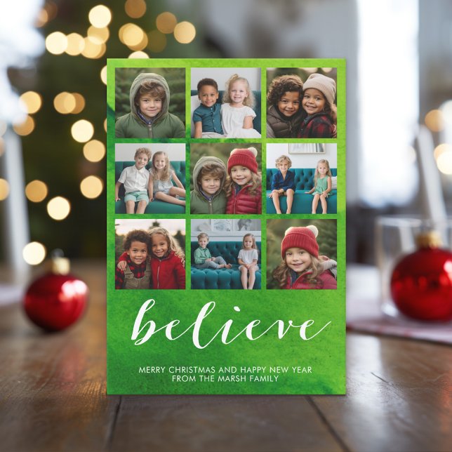 Believe - Modern Green Watercolor and 9 Photos Holiday Card (Modern, Minimal Christmas Photo Collage with 9 Photos)