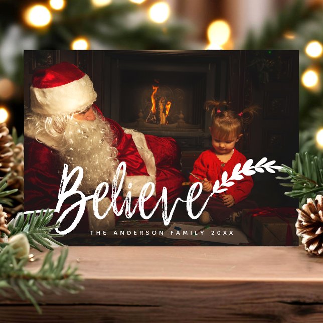 Believe Modern Hand Lettered Christmas Photo Holiday Card (Creator Uploaded)