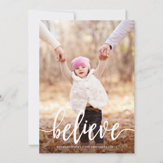 Believe Modern Handwritten Script Christmas Photo Holiday Card (Front)